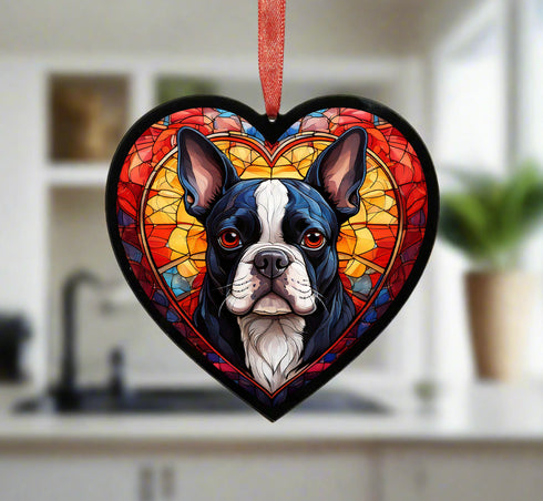 Boston Terrier Stained Glass Effect Heart Suncatcher